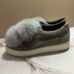 Here/Now Leather Fox Fur Sneakers, Gray Pom Poms Size 6.